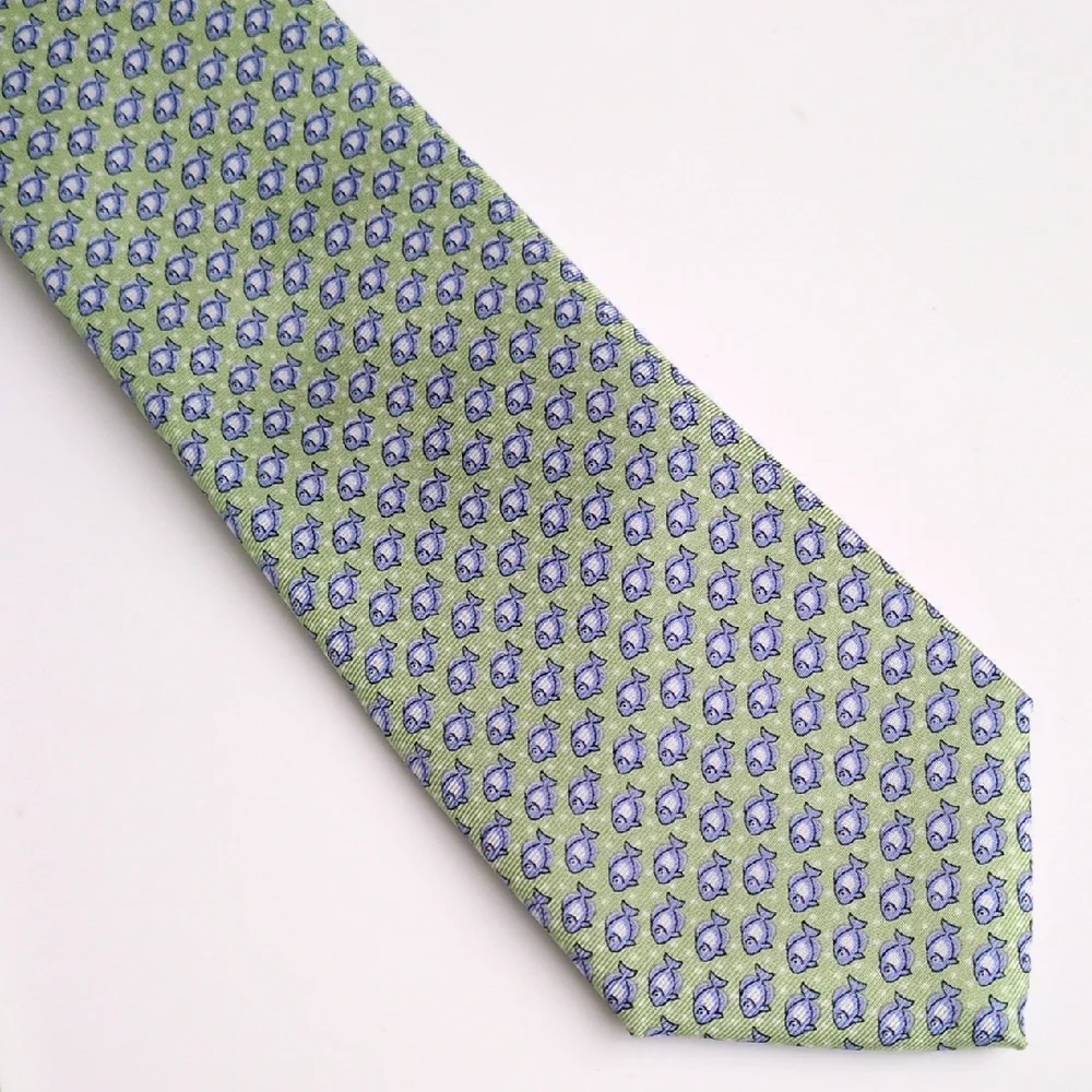 Tommy Hilfiger Fish Pattern 100% Silk Neck Tie - Green &‎ Blue